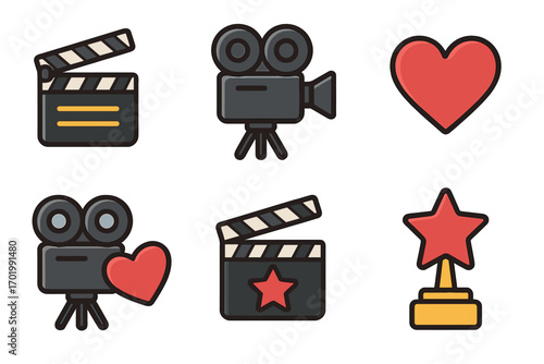 Film production and cinema entertainment icon set. Vector illustration of movie making symbols like clapperboard, camera, heart, and star award trophy. Love for film concept.
