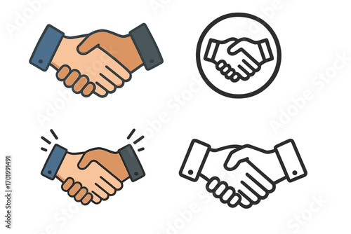 Handshake icon set for business partnership and collaboration. Vector icons representing agreement, deal, and teamwork. Includes diverse hands and various styles for modern design.