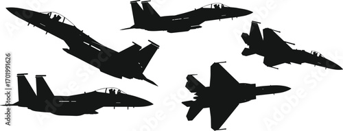 Military fighter jet silhouettes vector, combat aircraft illustration, warplane aviation design, airforce defense airplane artwork, modern jet shadow graphic, flight icon