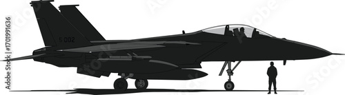 Military fighter jet silhouette, modern warplane illustration, combat aircraft vector, air force design, aviation technology artwork, pilot and airplane shadow graphic
