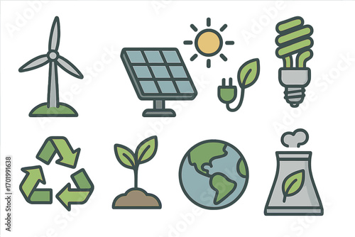 Eco friendly icon set. Sustainable and renewable energy concept. Green power and environmental conservation. Wind turbine, solar panel, recycling, earth planet vector icons.