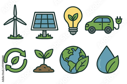 Sustainable energy icon set. Environment conservation, green technology, ecology, and renewable resources. Vector collection with wind turbine, solar panel, electric car, recycling.