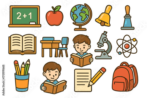 School education icon set. Cute cartoon vector collection for kids. Back to school supplies, student learning, classroom objects. Globe, book, microscope, backpack, apple.