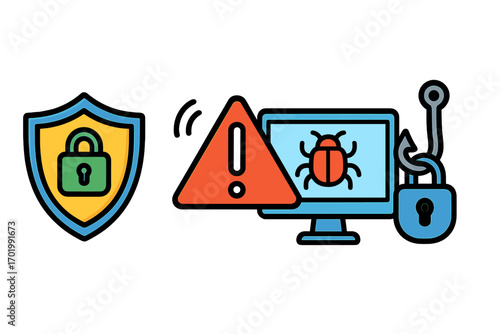 Cybersecurity concept with icons. Digital protection, network security and data safety. Virus alert, malware threat, phishing scam, and computer hacking attack. Vector illustration.