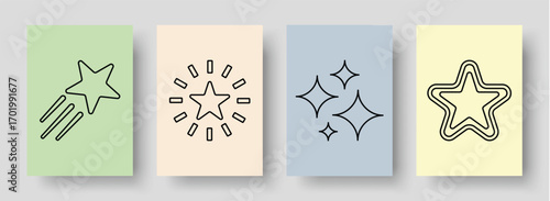 Inspiring star icons set, perfect for adding a touch of magic to your next project with shooting stars and glowing shapes against pastel backgrounds
