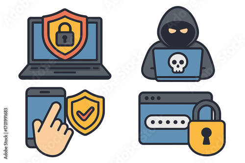 Cybersecurity icon set with hacker, data protection, mobile safety, secure password login. Vector symbols for digital privacy, computer security, and antivirus software concept.