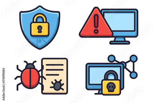 Vector icon set for cybersecurity. Digital protection concepts including data privacy shield, computer virus alert, network hacking threat, software bug, and ransomware lock.
