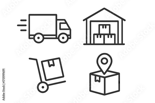 Logistics line icon set for delivery and shipment. Modern vector symbols of cargo truck, warehouse storage, package dolly, and order tracking for e-commerce supply chain.
