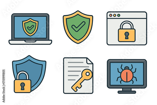 Cyber security icon set. Digital software protection, data privacy, and internet safety concepts. Vector icons of shield, lock, key, virus, malware, and bug for web.