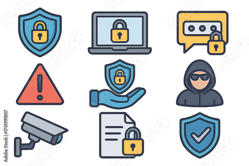 Security icons set. Cyber protection and digital safety measures. Vector cartoon illustration. Data privacy, internet security, computer protection, hacker and cctv concepts.