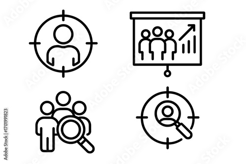 Set of simple line icons for target audience analysis and group identification in market research. Vector illustration for business marketing strategy and customer segmentation.