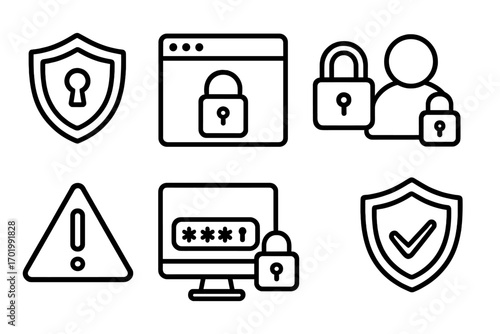 Cybersecurity line icon set. Data protection and internet safety concept. Secure login, password protection, privacy shield, padlock, user account security, and warning symbols. Vector.