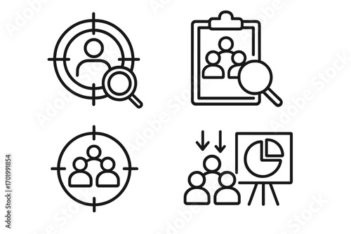 Target audience analysis line icon set. Market research, customer segmentation, and group identification vector icons. Marketing strategy, consumer persona, and lead generation concept.