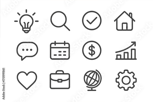 Minimalist line icon set for business and web. Modern vector symbols for interface design: idea, search, finance, growth, home, travel, and communication concepts.