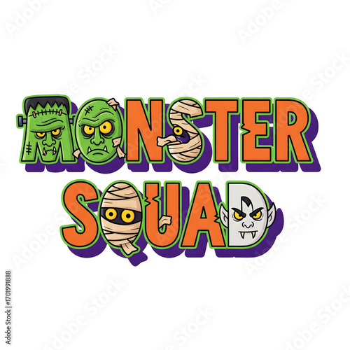 Spooky lettering with cartoon monster characters like a mummy and vampire, creating a fun ghoul team design for Halloween festivities Halloween T-Shirt design