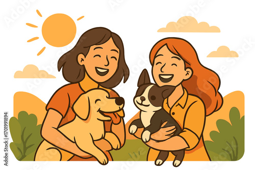 Two women happily holding dogs on a sunny day. Friends with pets, a Golden Retriever and Boston Terrier. Outdoor scene showing friendship, joy, and animal love concept.