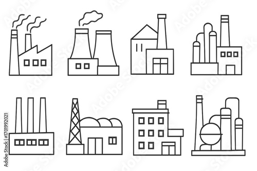 Industrial building icon set. Factory, power plant, refinery outline vectors. Simple monochrome illustration for manufacturing, energy, production and pollution concepts.