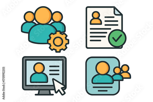 User management icon set for account administration and team settings. Vector symbols for document verification, KYC, online profile, user interface and digital identity.
