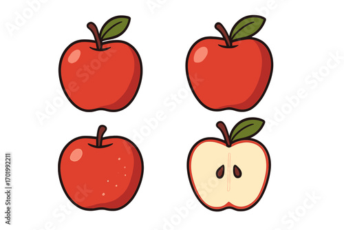Red apple vector illustration set. Cartoon fruit icon collection. Whole and sliced half apple with leaf and seed. Simple flat design for healthy food, fresh juice concepts.