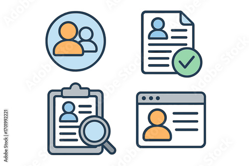User management icon set. Online profile and document verification. Digital identity, approved account. HR recruitment, background check concept. Vector cartoon illustration.
