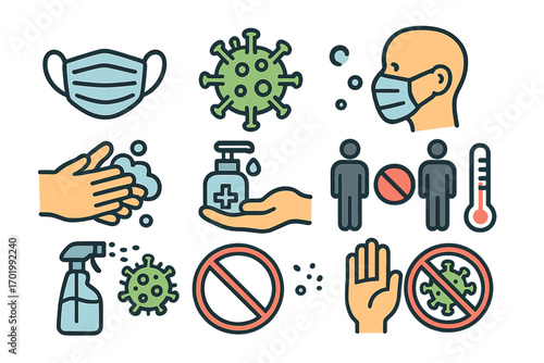 Virus prevention icons set. Health and safety measures for infectious diseases. Vector signs for coronavirus pandemic, hygiene, social distancing, face mask, hand washing.