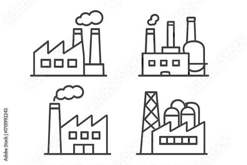 Industrial building icons set. Factory, power plant, and manufacturing facility symbols. Simple line art vector illustration for production, energy and industry concepts.