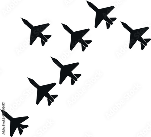 Military fighter jet silhouettes, aircraft formation, war planes, aviation fleet, air force design, combat jets, defense aviation artwork, military vector illustration