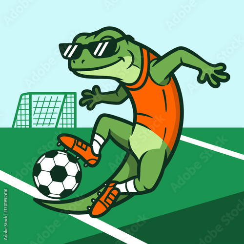 cool gecko lizard dribbling a ball at a soccer field, cartoon football lizard illustration