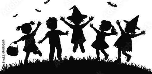Happy children in Halloween costumes, jumping with joy, bats flying, trick or treat celebration, spooky fun night party silhouettes