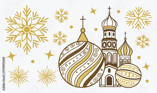 Luxurious Christmas Decoration Vector Set with Golden Ornaments, Glass Baubles, Glittering Snowflakes and Sparkling Festive 