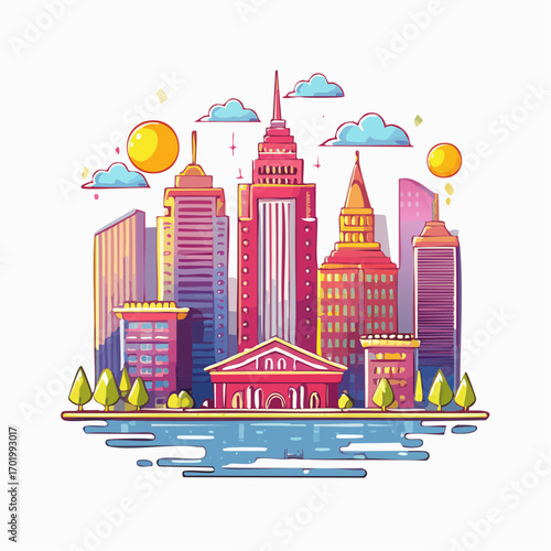 Pixel Art Cityscape with Colorful Buildings and a River