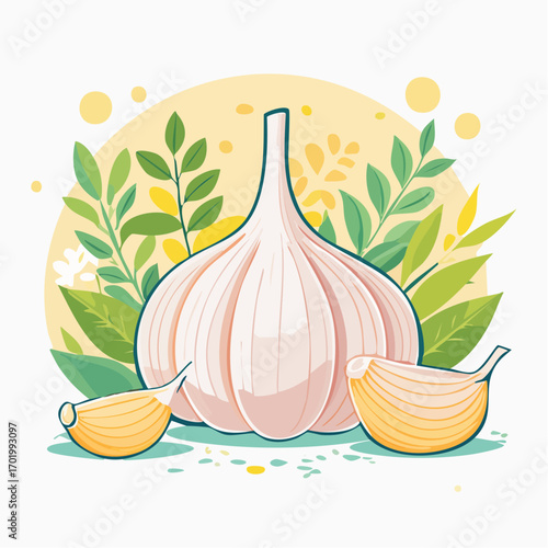 Fresh Garlic Bulb with Cloves and Green Botanical Elements