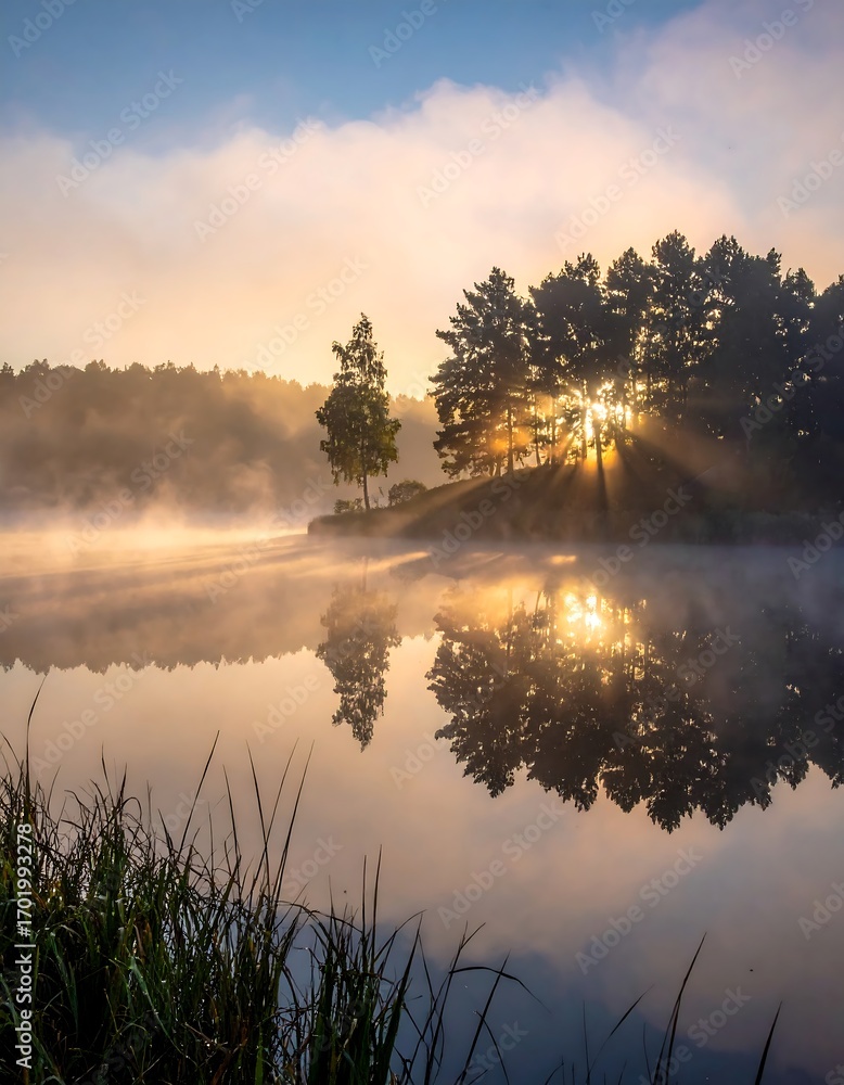 Fototapeta premium Serene sunrise over a misty lake, with trees reflected in the tranquil water, casting sunbeams through the fog.