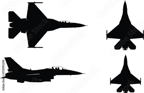 Military jet fighter silhouette illustration, warplane side view, aircraft top view vector, aviation technology design, combat airplane shadow, defense airforce artwork
