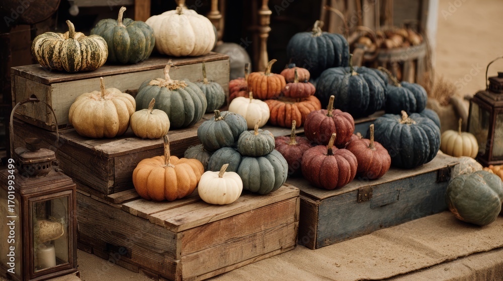 custom made wallpaper toronto digitalVariety of colorful pumpkins displayed on wooden crates, rustic market style.