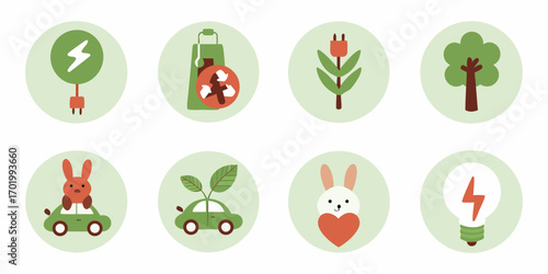 Collection of cute eco friendly icons representing sustainability and green energy concepts