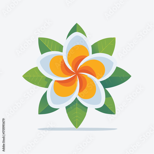 White And Orange Plumeria Flower With Green Leaves