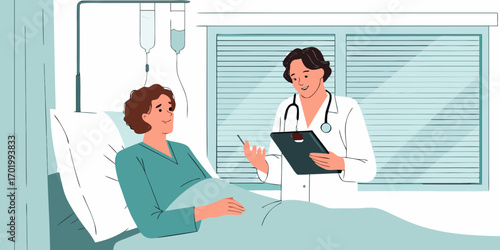 Doctor in white coat with stethoscope talks to patient in hospital bed with iv drip