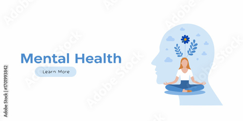 Woman meditating in lotus pose inside a stylized head silhouette representing mental health and wellness