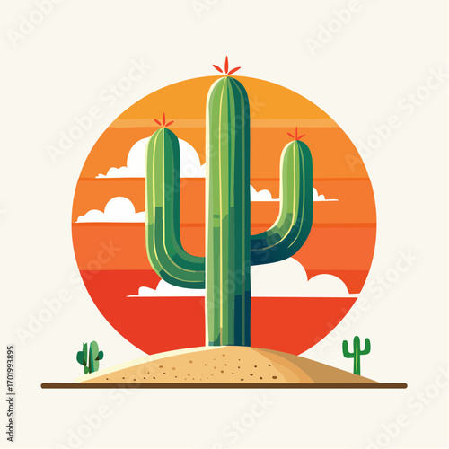 Pixel Art Cactus in Desert Sunset Landscape