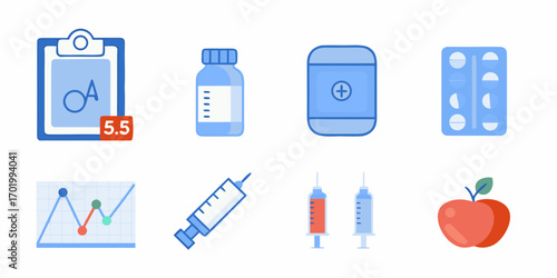 Collection of medical icons representing healthcare treatment and healthy living