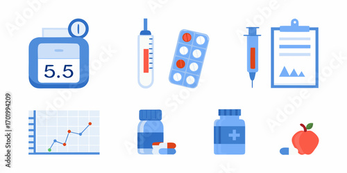 Collection of medical icons representing diabetes care including glucose meter thermometer pills syringe chart and apple