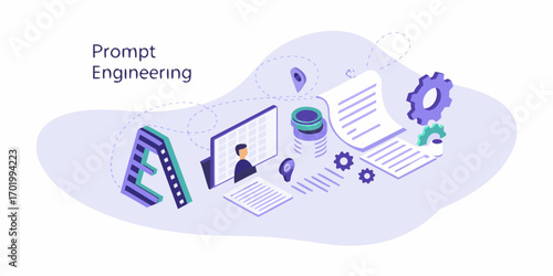 Prompt engineering concept with abstract elements representing data code and strategy