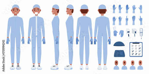 Full body character design sheet of a person in a light blue protective suit with various accessories and poses