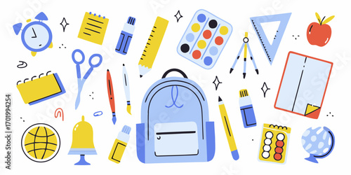 Collection of colorful school supplies and stationery items arranged on a white background
