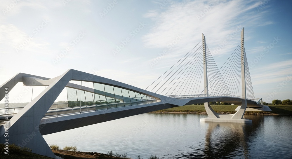 Naklejka premium Modern Cable-Stayed Bridge Over Serene Waterway Under a Clear Blue Sky