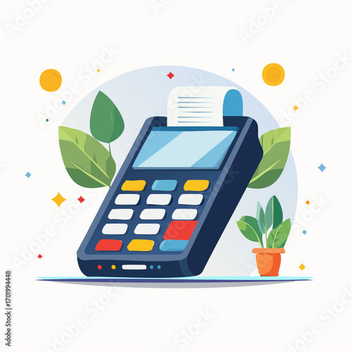 Digital Payment Terminal with Green Leaf Plant Illustration