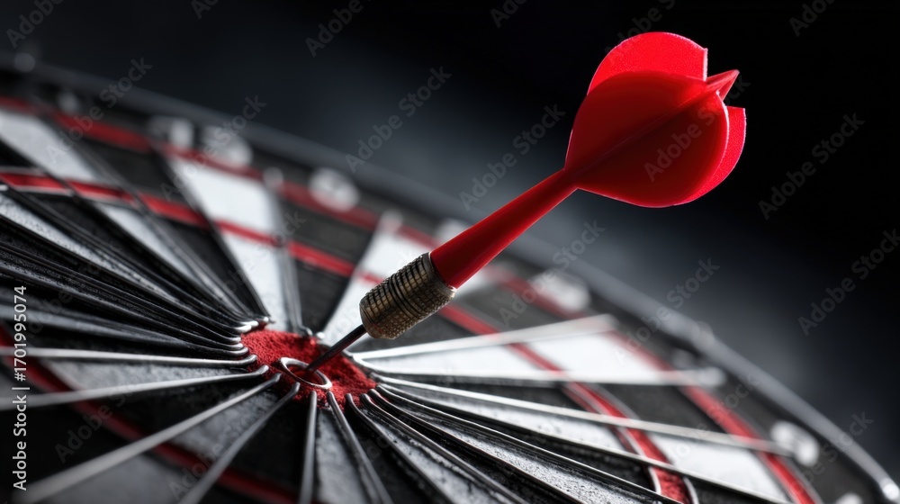 Fototapeta premium Dart hitting bullseye demonstrating success, aim, focus, goal achievement and precision in a business strategy