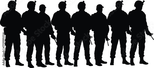 Military soldier silhouette group illustration, armed forces team vector, combat army men graphic, defense troop artwork, security personnel shadow image design