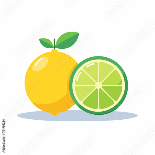 Whole Lemon and Lime Slice on White Background